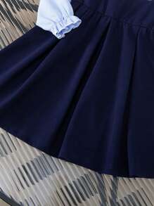 Young Girl Fashionable Casual Two Pieces Splicing Bow Striped Long Sleeve Button Floral Decor Collar A-Line Dress For Daily, Home, Outdoor, Sports, Spring & Autumn - Blue and White - View 6