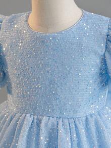 Vestido de princesa con mangas abullonadas con lentejuelas y volumen para niñas, vestido formal de alta gama con flores y tul voluminoso para niña de las flores y actuaciones - Azul - Ver 5