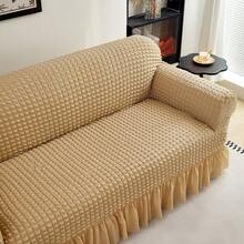 1pc Pet Friendly Bubble Waffle Stretch Sofa Slipcover With Ruffle Skirt Anti-Slip Full Wrap Couch Cover Machine Washable Universal Furniture Protector For 1/2/3/4 Seater Old Sofa Living Room Makeover - Yellow - View 7