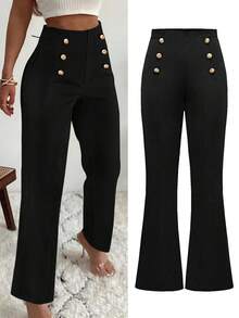 女士优雅高腰阔腿裤 - 黑色涤纶直筒裤，纽扣细节，适合休闲或正式穿着