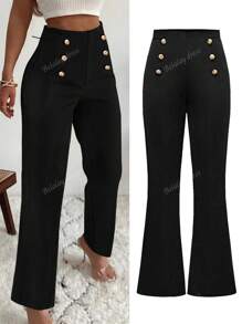 Women's Elegant High Waist Wide Leg Pants - Black Polyester Straight Leg Trousers With Button Detail, Suitable For Casual Or Formal Wear