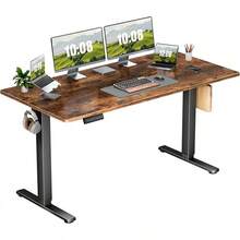 Electric Adjustable Height Standing Desk - 55 X 24 Inch Sit To Stand Up Desk With Splice Board, Rising Home Office Computer Table With 2 Hook And Wire Hole For Work - 棕色 - 查看 11