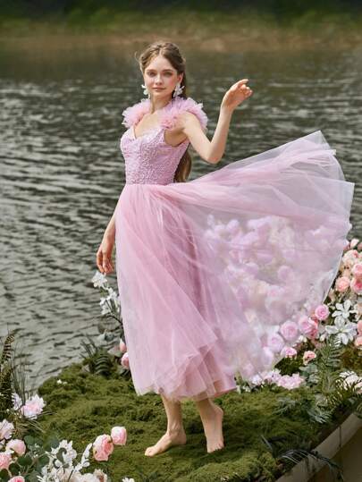 Gorgeous Midi Graduation Dress With Beaded Bodice, Tulle Ruffle Sleeves, Tiered Ruffled Skirt - Birthday Women Outfits For Wedding Guest Outfits, Graduation Proms, Cocktail Parties & Garden Galas
