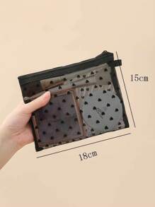 1 pieza Mini bolsa de maquillaje con forma de corazón y malla, estuche portátil multiuso transparente con felpa para lápices labiales
