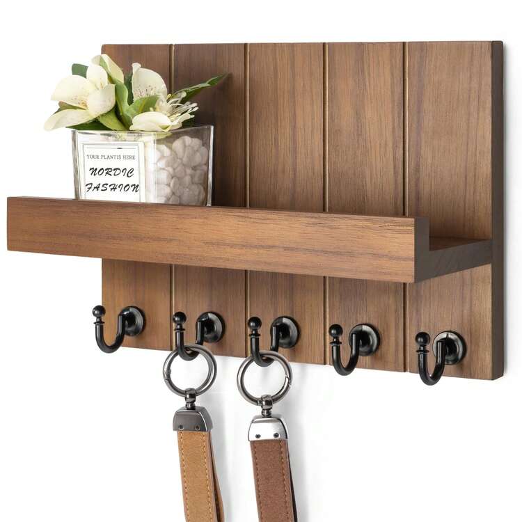 Estante de llaves de pared decorativo - Ganchos de llaves de estilo rústico con estante de almacenamiento y organizador de correo, adecuado para la decoración de pared de estilo de granja en la sala de estar - Artículos esenciales para el hogar (Marrón, 3.54 pulgadas X 10 pulgadas X 7.28 pulgadas) - Multicolor - Añade 1
