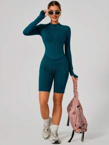 Women's Standing Collar Zipper Long Sleeve Yoga Jacket Tight Fit Quick Dry Yoga Clothing Outdoor Fitness Sports Tops Jacket Suitable For Fitness Workout Wear Fall