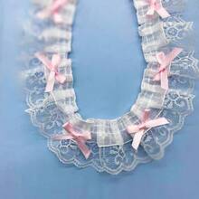 1yard Pink & White Double Layer Lace Ruffle Bowknot Trim, DIY Hairpiece Headwear Craft Accessory - Multicolor - View 2