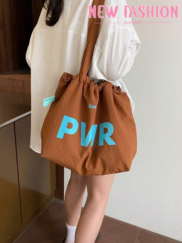 Drawstring New 2025 Large Capacity One Shoulder Canvas Bag, Japanese Letter Print Nylon Tote Handbag For Commuting