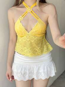 Women's Halter Neck Lace Tops Sleeveless Open Back Slim Fit Flower Cami Tops Summer Shirts