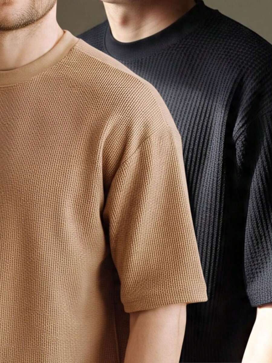 Kit 2 RelaxMax Men's Casual Oversized Textured Mesh Shirt - Black and Caramel - View 1