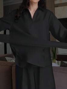 Women's 2 Pieces Set Featuring V-Neck Tie Front Long Sleeve Top & High Waist Casual Pants, Solid Color Casual