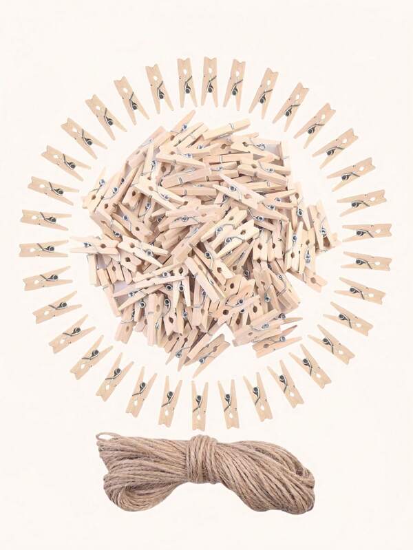 100Pcs Very Small Mine Size 25mm Mini Natural Wooden Clips For Photo Clips Clothespin Craft Decoration Clips Equipped With Hemp Rope