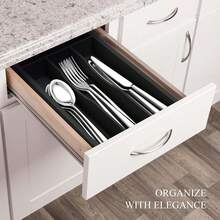 Small Silverware Organizer, Bamboo Kitchen Drawer Organizer, Utensil Holder, Cutlery Tray & Spoon Flatware Storage With Grooved Drawer Dividers (Black),6517230 - Black - View 7