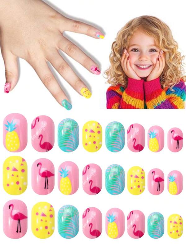 NAIO 24 Pieces Kids Of Children's Press On Nail Stickers Naio Children's Artificial Nail Stickers Pre-Glued Full Coverage Short Acrylic Nails Suitable For Girls' Children's Nail Decoration (Peacock Spreads Its Tail)