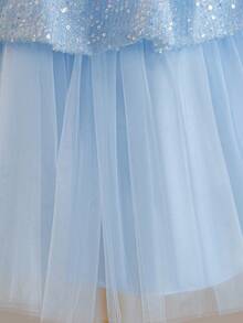 Vestido de princesa con mangas abullonadas con lentejuelas y volumen para niñas, vestido formal de alta gama con flores y tul voluminoso para niña de las flores y actuaciones - Azul - Ver 7