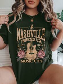 Women's Casual Short Sleeve Round Neck T-Shirt - Dark Green - View 3