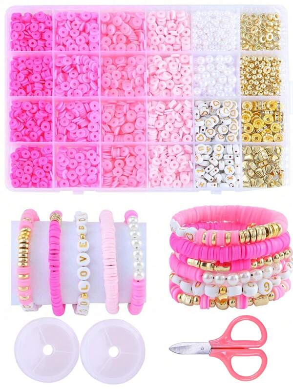 Kit de 2400 piezas de cuentas de arcilla estilo rosa del Día de San Valentín para hacer pulseras DIY, con cuentas de perlas, letras CCB y cuentas de arcilla polimérica de colores mezclados, un juego completo para hacer pulseras y joyas DIY