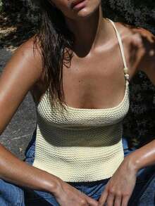 Women Y2k Hollow Out Crochet Crop Halter Tops Knitted Low Cut Sleeveless Backless Lace Up Crop Cami Tank Summer Going Out Camisole Beachwear - 黃色 - 查看 2