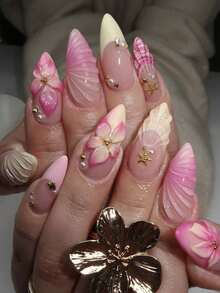 纯手工指甲粉色3D花朵指甲夏季海滩指甲水指甲贝壳指甲黄杏仁中号按压指甲假指甲女孩女士美甲用品指甲 - 粉色 - 查看 1