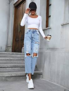 Pantalones vaqueros rotos y casuales de tela vaquera versátiles y de moda tipo 'mom', de ajuste relajado para uso diario y viajes, ideales para primavera/verano - Azul - Ver 6