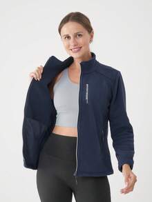 女士户外抓绒外套，保暖透气立领修身羊羔绒拉链连帽衫，适合徒步、运动、冬季穿着、滑雪 - 藏蓝色 - 查看 13