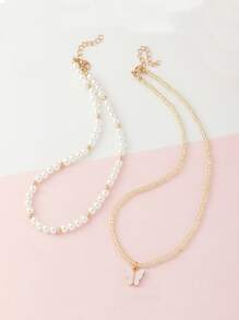 Set de 2 collares con colgante de perla y mariposa elegantes para niñas, accesorios de joyería de moda adecuados como regalo para fiestas