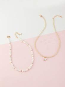 Set de 2 collares con colgante de perla y mariposa elegantes para niñas, accesorios de joyería de moda adecuados como regalo para fiestas