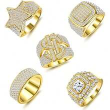 Milacolato 5pcs 18K Gold Plated Bling Pinky Ring Simulated Diamond Iced Out CZ Punky Rappers Star Dollar Sign Hip Hop Ring For Men