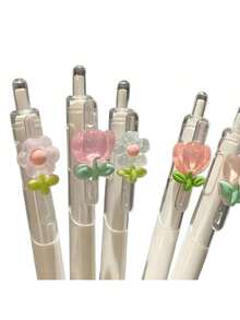 5pcs/Set Lovely Flower Quick Drying Gel Pens. Random Color & Pattern. Clear Bucket Flower Gel Ink Roller Pens - Fine Tip Plastic Pens Ideal For Students, Girls, And Office Use,School Supplies,Back To School