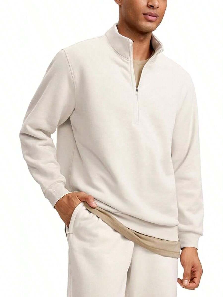 Cotton Fleece Lined Half Zip Mock Neck Men's Sweatshirts - Casual Workout Daily Wear - White Apricot - View 1