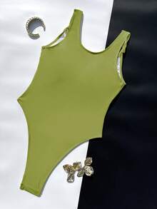 Women's Solid Color Square Neck One-Piece Swimsuit. Designed With A Minimalist Square Neckline And Wide Straps, Radiating Vitality With A Bright Color Tone. - Green - View 4