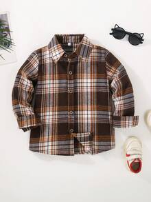 秋季幼儿男童不对称格子领长袖休闲衬衫 - 棕色 - 查看 1