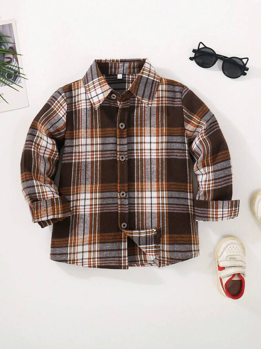 秋季幼儿男童不对称格子领长袖休闲衬衫 - 棕色 - 查看 1