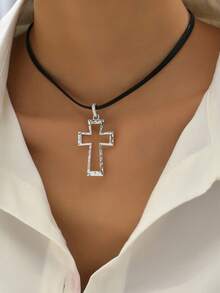1pc Fashionable Cross PU Necklace, Suitable For Daily Wear - Silver - View 3