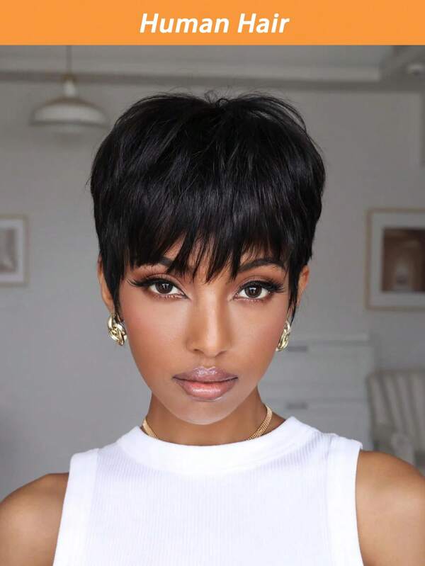 Short Straight Human Hair Wig 6 Inch Natural Black Brazilian Hair Pixie Cut Wig 150% Density Full Machine Made For Women