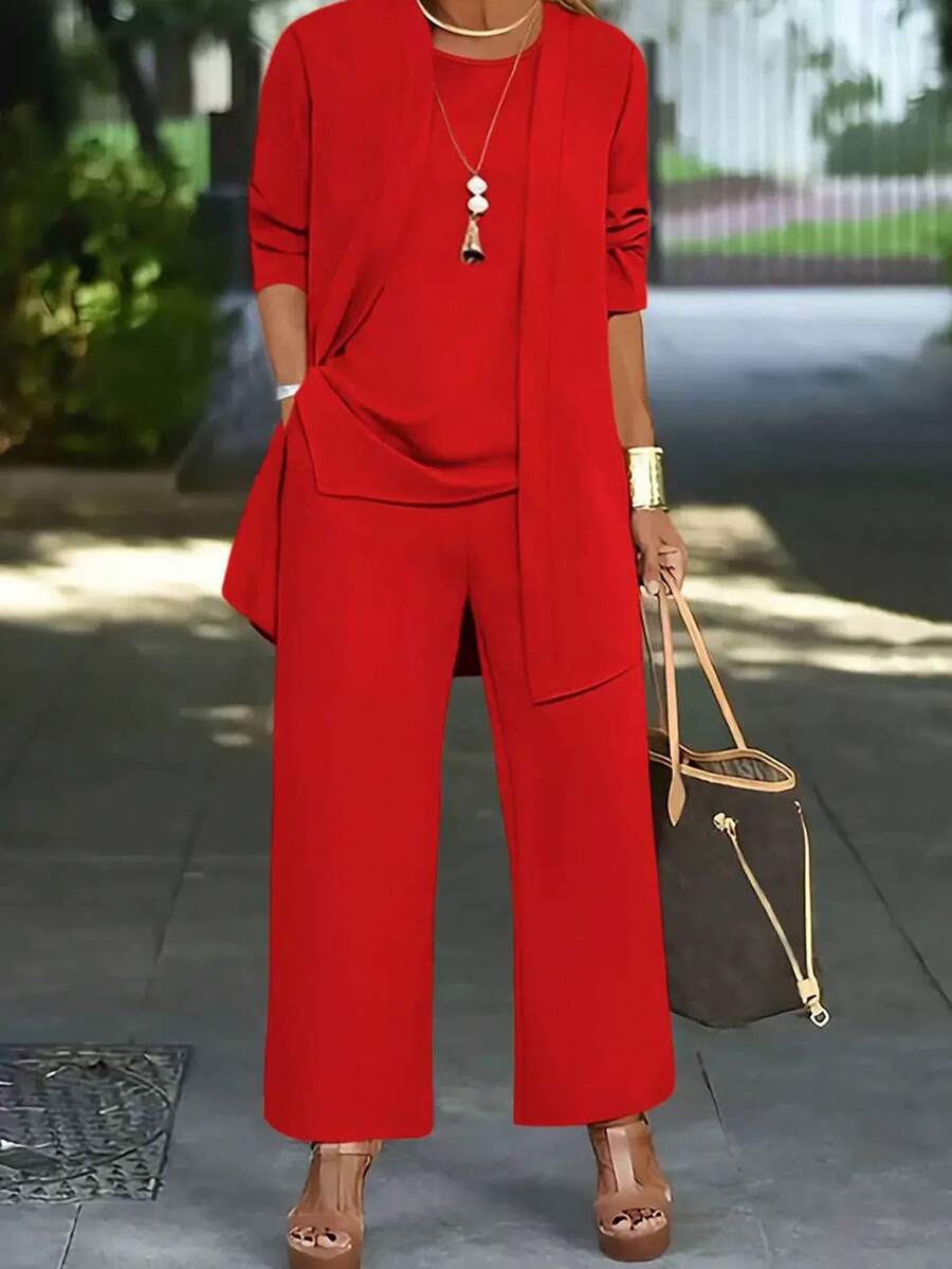 New Summer Women's Casual Three-Piece Suit, Sleeveless Vest And Long-Sleeved Open-Front Jacket And Loose Wide-Leg Pants, Suitable For Leisure And Going Out - Đỏ - Xem 1