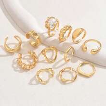 12 件女士可调节几何独特设计不对称奢华戒指套装 [有些戒指是开口但不可调节，请勿用力弯曲，否则可能会断裂，尺寸已标注]
