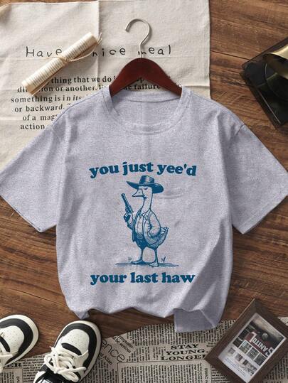 1 Pc Cartoon Duck Print Heather Gray Short Sleeve T-Shirt, Suitable For Teenage Girl Students