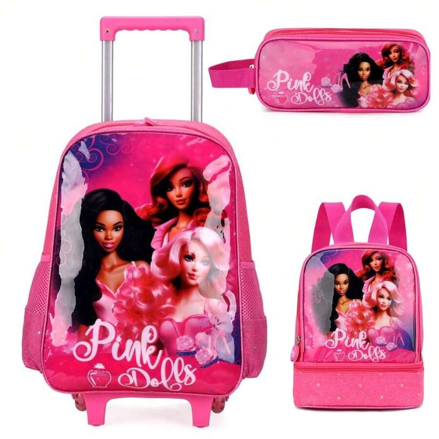 School Kit Backpack Trolley + Water Bottle + Pencil Case Boy Girl Children Poly 600 Princess Unicorn Doll Blocks Ominiverse - Hot Pink - View 1