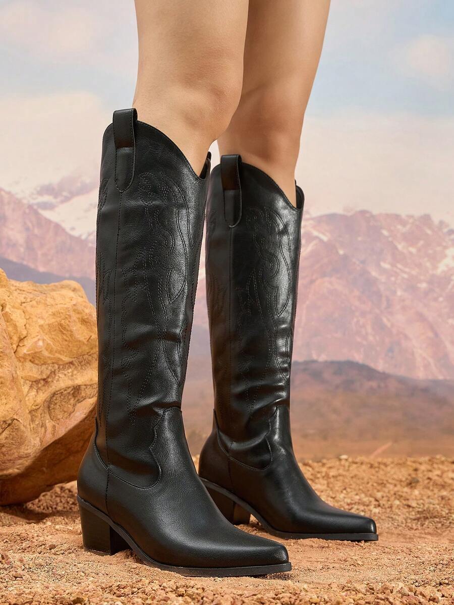 Stivali da donna alti sopra il ginocchio, stile western, ricamati, con punta affusolata e tacco largo, semplici da infilare, sexy, per l'autunno e l'inverno
