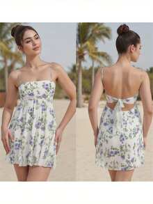 Women's Summer Mini Cami Dress Sleeveless Open Back Solid Color/Floral Spaghetti Strap Dress - Flower - View 5
