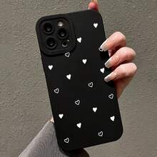 1pc Phone Case: Cute White Heart Pattern Full-Cover Black TPU Phone Case For IPhone 15/14/13/12/11/XS/XR/X/8/7/SE2/SE3/Plus/Pro Max Phone Accsesories Valentines Gifts - 黑色 - 查看 6