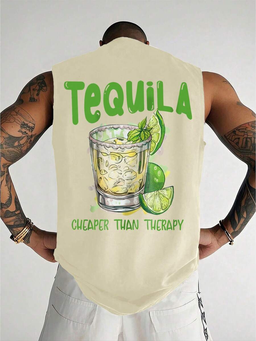 YUNCHIC - Men's Casual Sleeveless Tank Top, Summer Lightweight Sportswear, Creative Agave Print, Crew Neck Stretchy Base Layer, Breathable Moisture-Wicking, Fitness Training Outer/Inner Wear, - Khaki - View 1