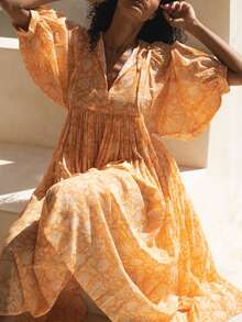 Eilly Bazar Plus Size Boho Floral Print Batwing Sleeve Smock Dress, For Summer - Yellow - View 5