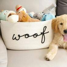 1个编织绳收纳篮，绣有“汪汪”字样 - 宠物玩具收纳篮，可存放磨牙玩具、毯子和牵引绳，海军蓝提手，可堆叠设计，个性化宠物收纳篮，适用于猫狗。宠物礼品。