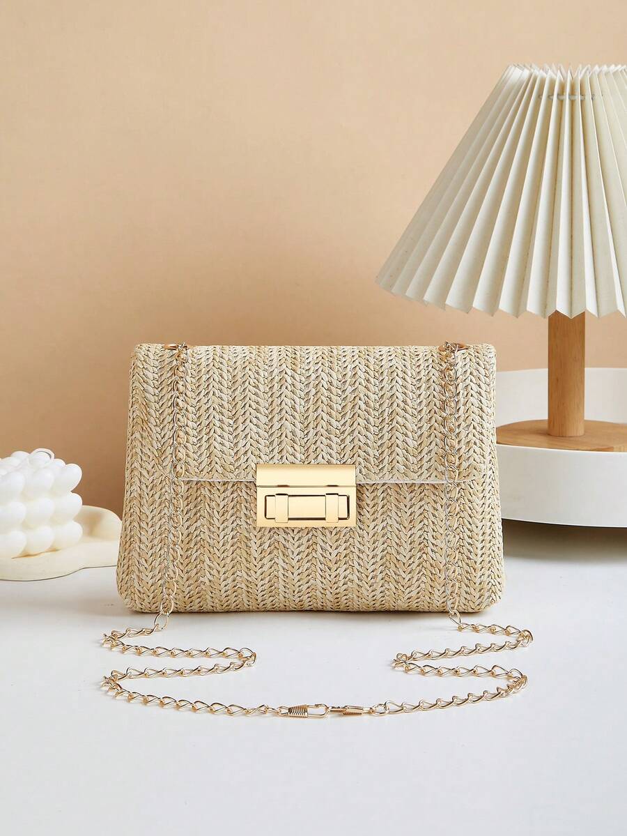 时尚纯色草编斜挎包，适合女性日常使用 - 卡其色 - 查看 1