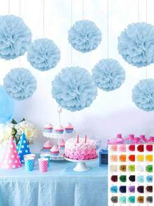 10/20 pièces/set Pompons en papier, fleurs en forme de boules en tissu bleu pour décoration suspendue, pour mariage, anniversaire, fête de demoiselle d'honneur, fête d'anniversaire, décoration de douche