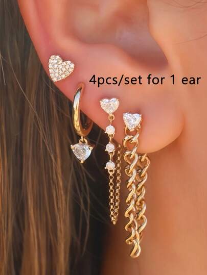 Set da 4 paia di orecchini pendenti con cuore decorato in zirconia cubica, adatti per uso quotidiano, appuntamenti, occasioni formali, gioielli in rame alla moda, regali per famiglia e amici (la quantità è per un solo orecchio)