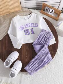 2pcs/Set Girls Letter Printed Long Sleeve Sweatshirt And Striped Pants Casual Outfit, Autumn