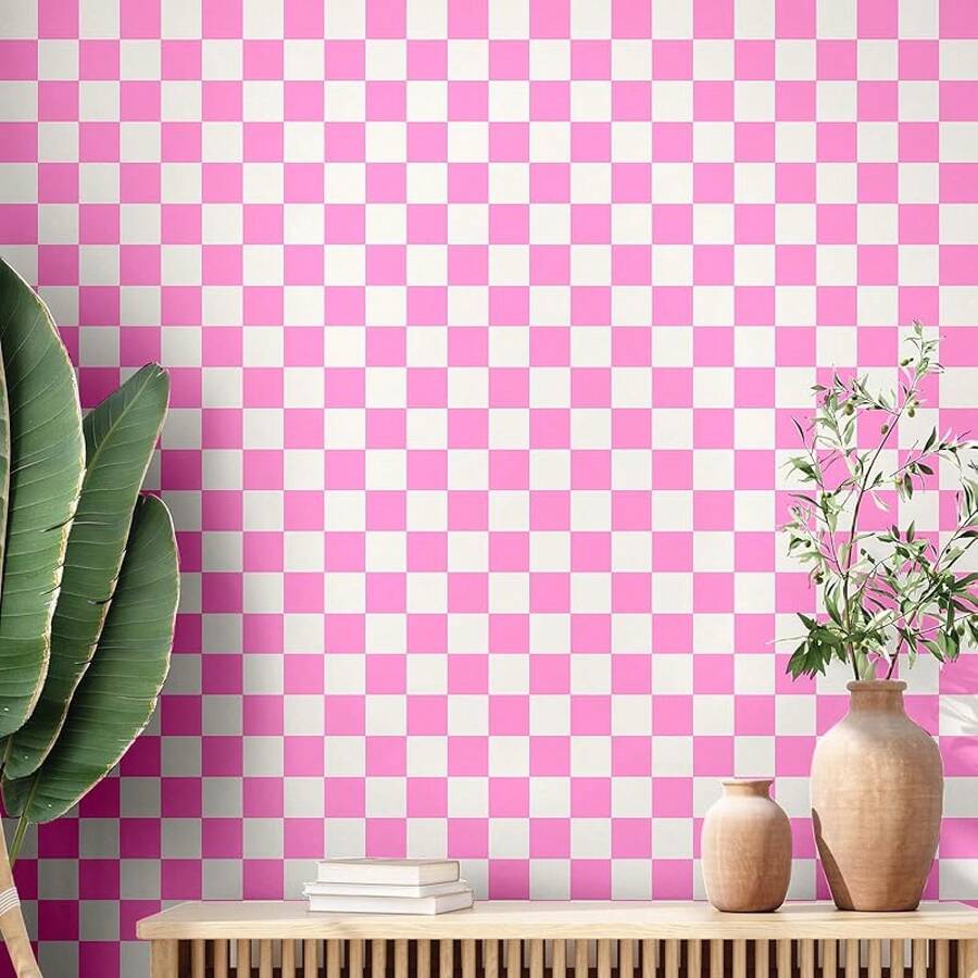 Retro Checkered Peel And Stick Wallpaper 70s Funky Checkered Contact Paper Geometric Waterproof Wallpaper Neutral Checkerboard Decor Bathroom Cabinet(Black Brown,9.8' X 15.75'') - Pink - View 1